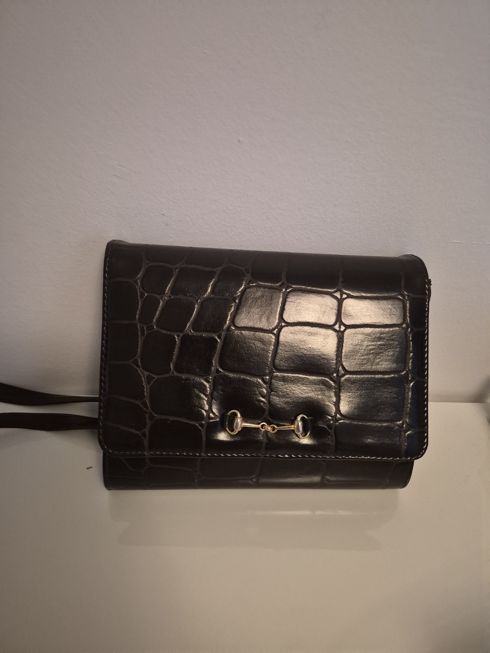 Croc-Embossed Black Crossbody with Gold Bit Accent